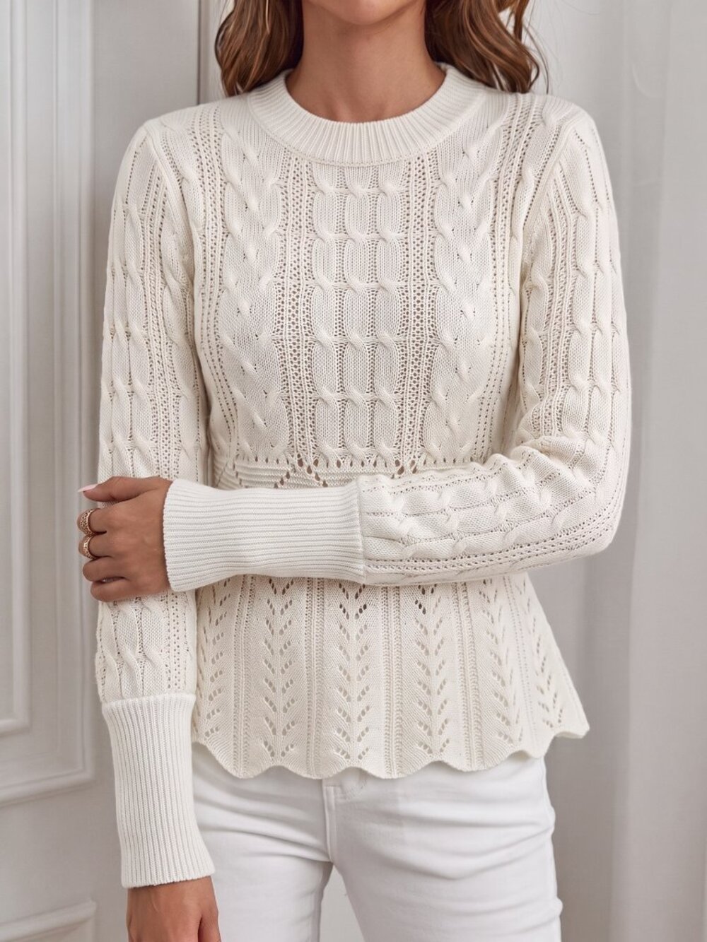 White Casual Women's Cable Knit Round Neck Pullover - Picture 3 of 6